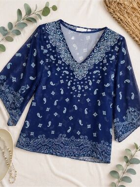 🤍💙Belle by Kim Gravel 2-Piece Paisley Kimono Top Set Navy Blue Medium💙🤍